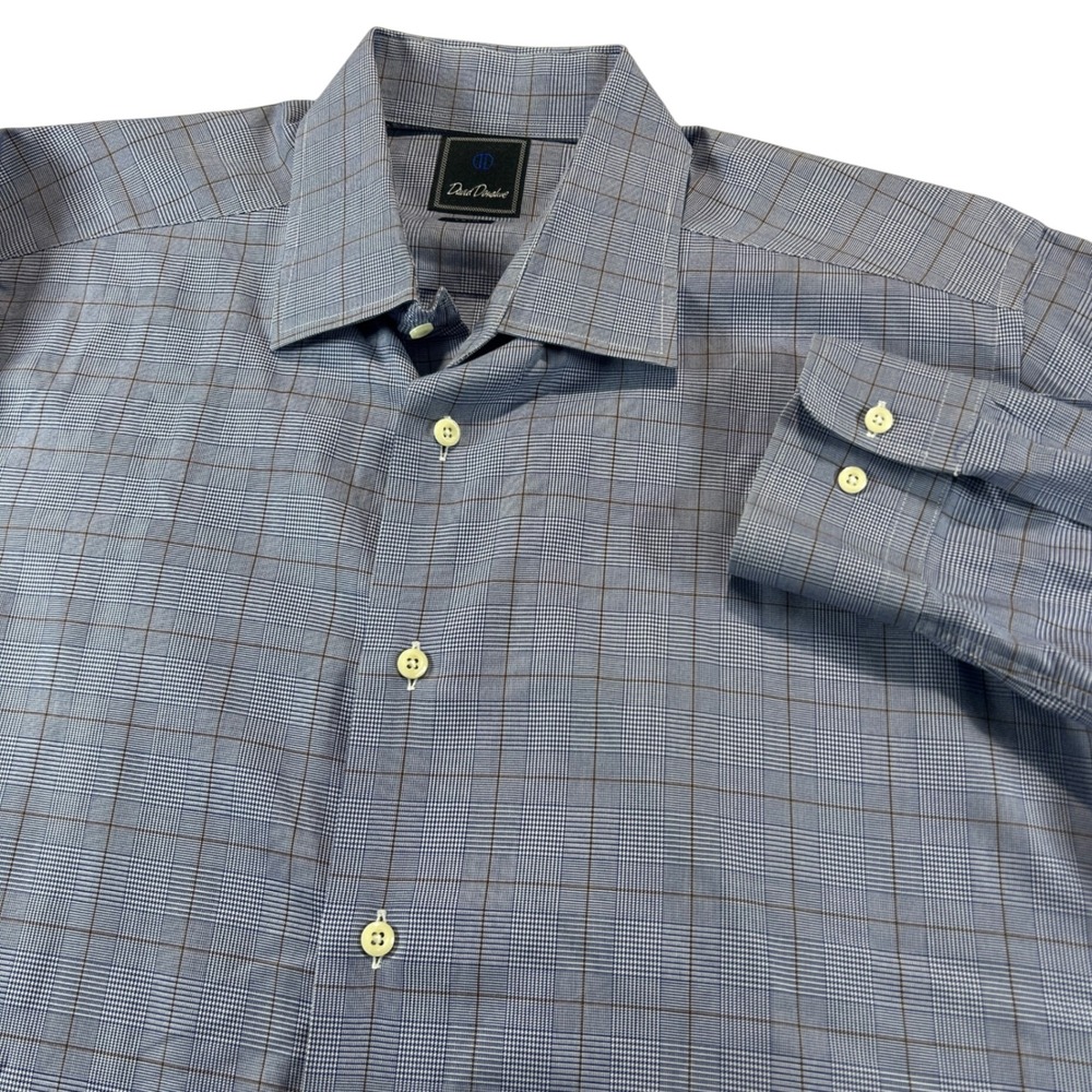 David Donahue Dress Shirt Men 17 34/35 Blue Glen Plaid Trim Fit Cotton Button Up